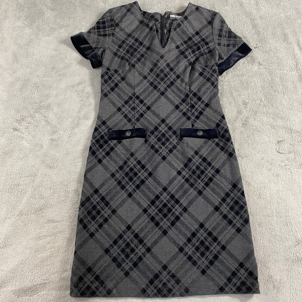 Karl Lagerfeld‎ Paris Sheath Dress 4 Grey Black Plaid Velvet Academia Preppy Mod